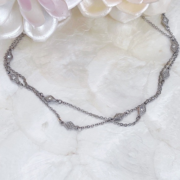 Art Deco Style NY Tag Silver Tone Diamond Shape CZ Double Chain Necklace 15.5” - Picture 10 of 10